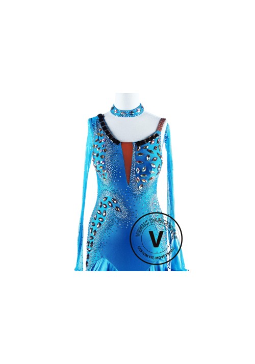 Blue Wild Cat Satain Foxtrot Waltz Ballroom Dancing Dress