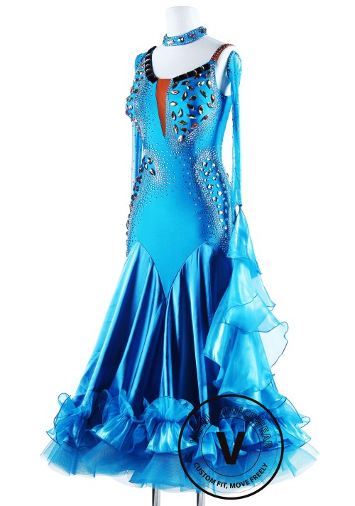 Blue Wild Cat Satain Foxtrot Waltz Ballroom Dancing Dress