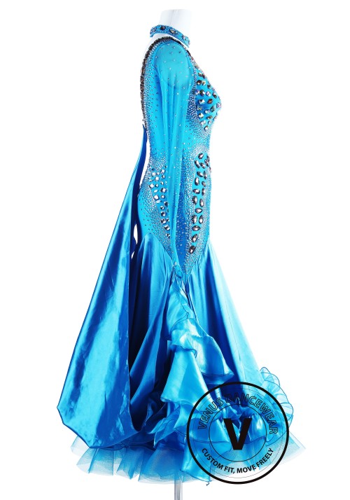 Blue Wild Cat Satain Foxtrot Waltz Ballroom Dancing Dress