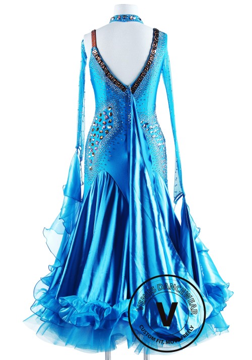 Blue Wild Cat Satain Foxtrot Waltz Ballroom Dancing Dress