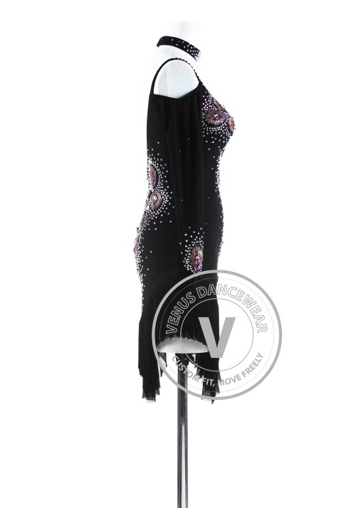 Black Peacock Plumes Fringe Latin Rhythm Competition Dress