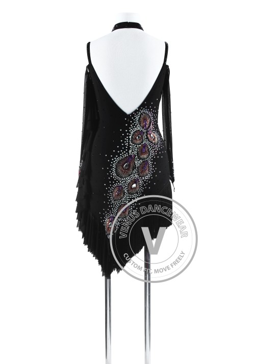 Black Peacock Plumes Fringe Latin Rhythm Competition Dress