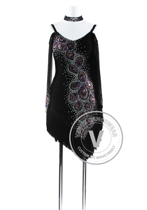 Black Peacock Plumes Fringe Latin Rhythm Competition Dress