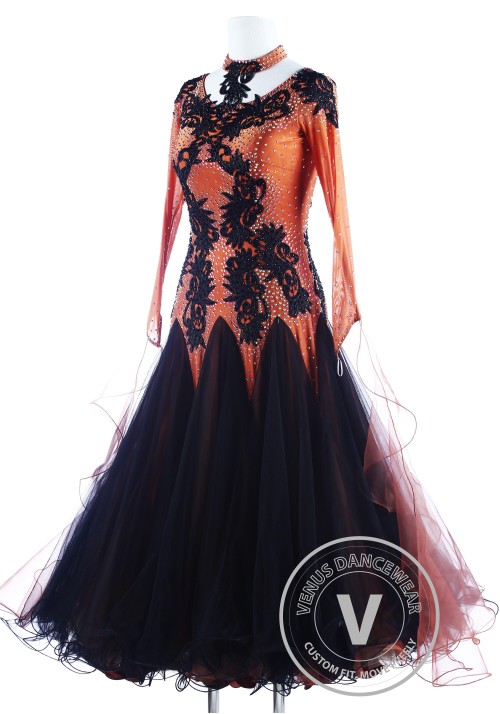 Black Dragon Appliques Gorgeous Foxtrot Waltz Ballroom Competition Dress