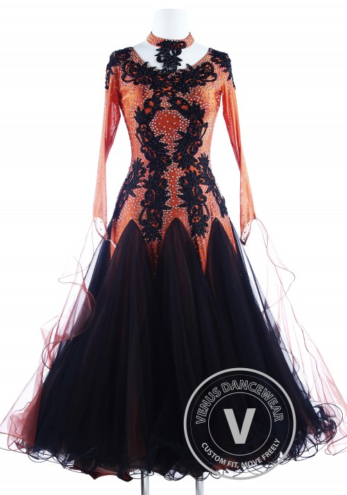 Black Dragon Appliques Gorgeous Foxtrot Waltz Ballroom Competition Dress
