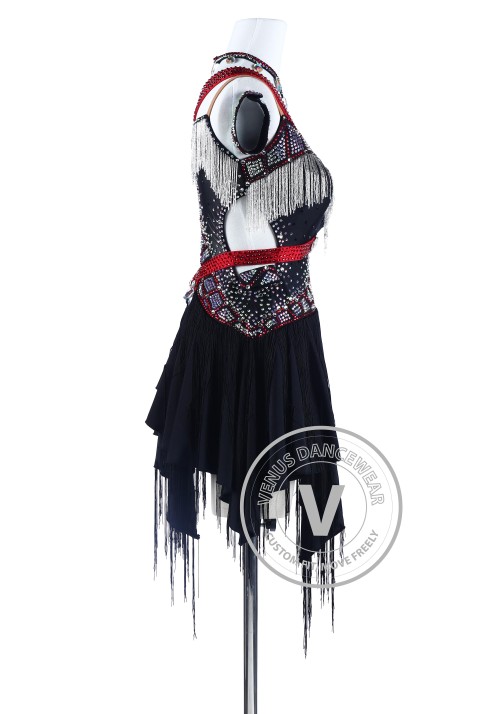 Red Straps and Beading Cubes Salsa Latin Rhythm Dance Competition Dress