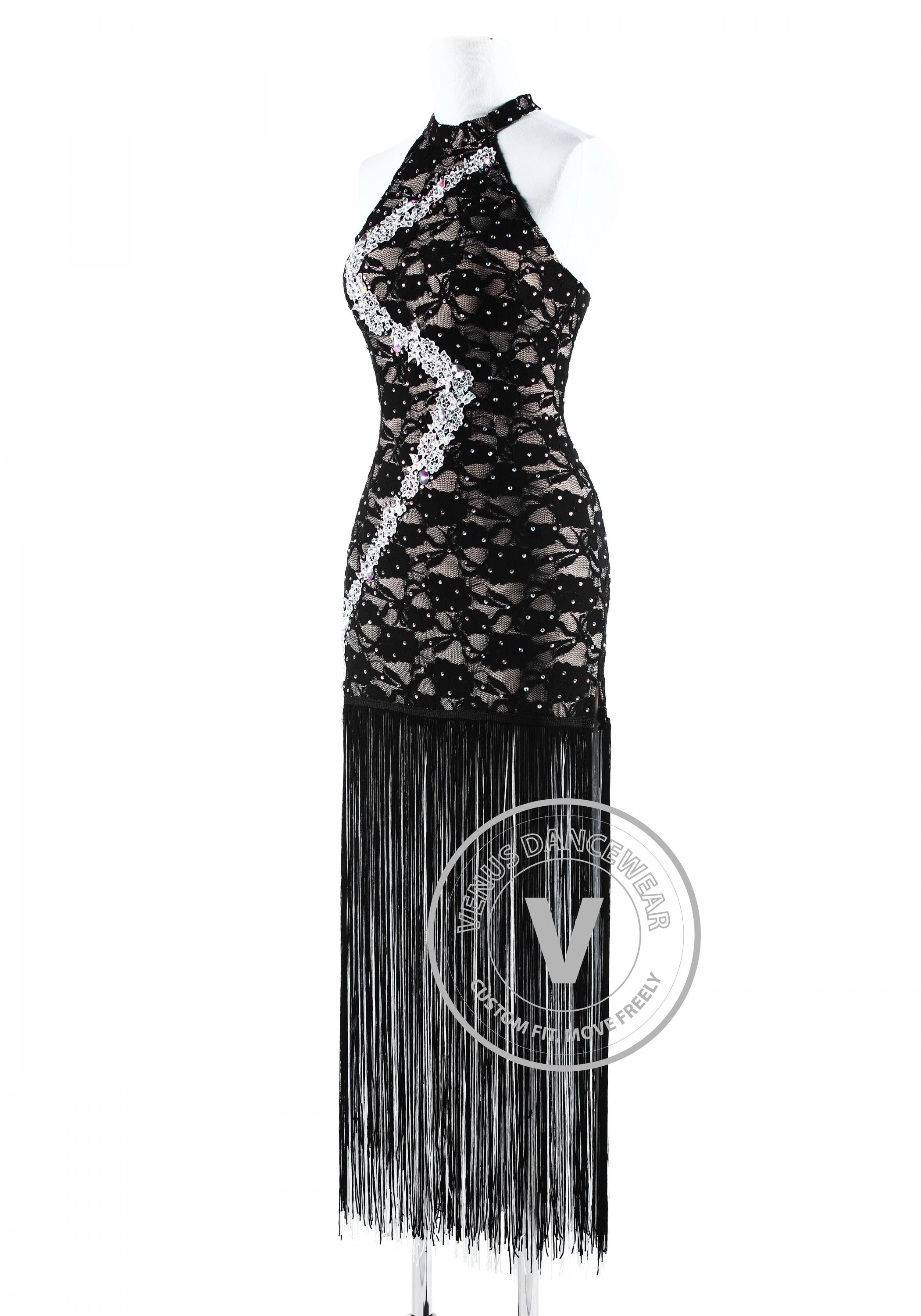 Luxury Black Lace with Long Fringe Salsa Latin Competition Dress