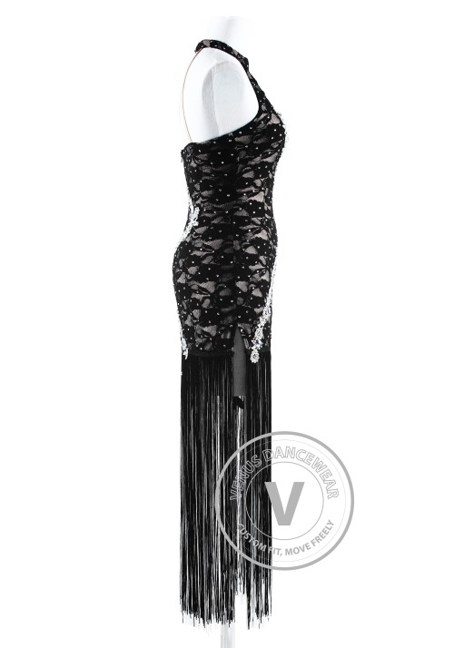 Luxury Black Lace with Long Fringe Salsa Latin Competition Dress