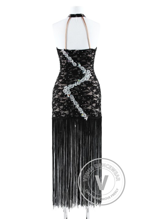 Luxury Black Lace with Long Fringe Salsa Latin Competition Dress