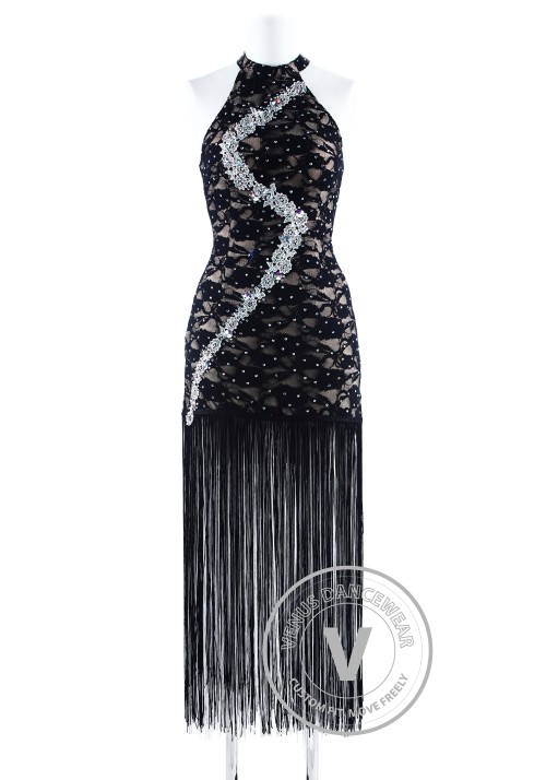 Luxury Black Lace with Long Fringe Salsa Latin Competition Dress