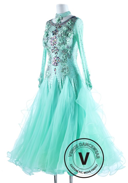 Caribbean Solid Flower International Waltz Ballroom Competition Dance Dress