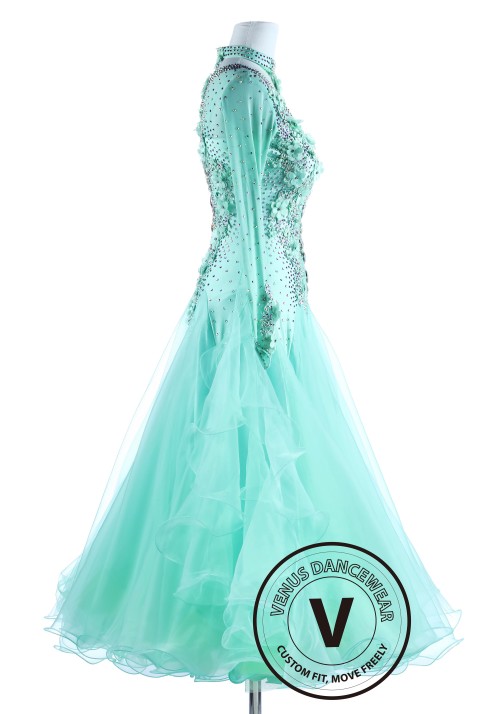 Caribbean Solid Flower International Waltz Ballroom Competition Dance Dress