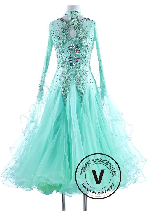 Caribbean Solid Flower International Waltz Ballroom Competition Dance Dress