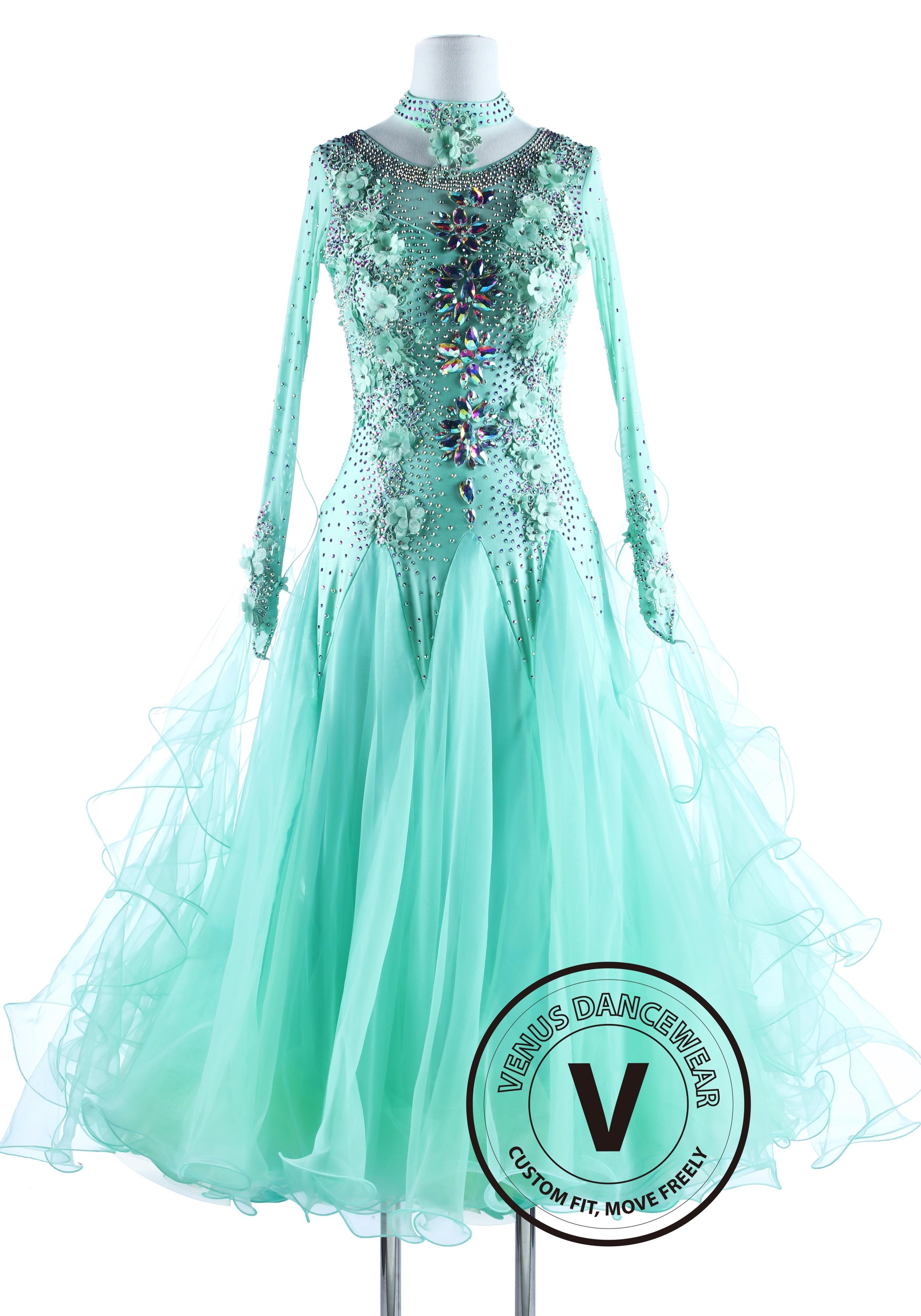 Caribbean Solid Flower International Waltz Ballroom Competition Dance Dress