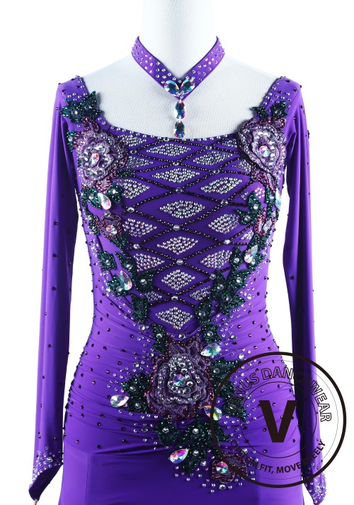 Purple Rain with Green Appliques Salsa Latin Rhythm Competition Dress