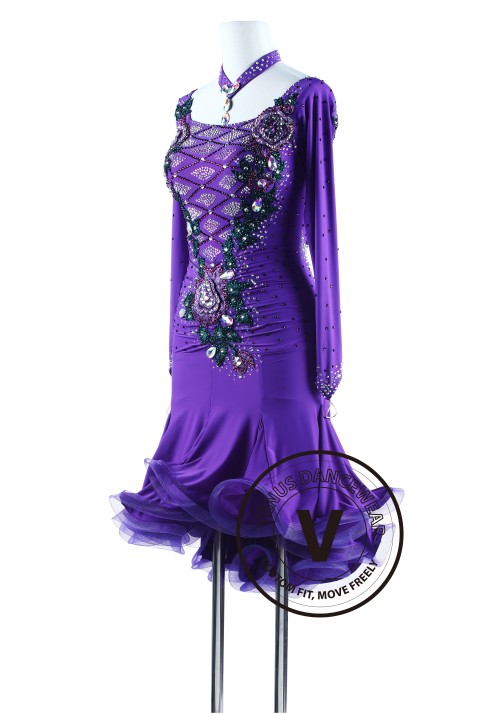 Purple Rain with Green Appliques Salsa Latin Rhythm Competition Dress