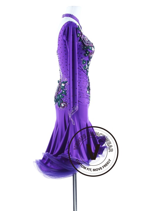 Purple Rain with Green Appliques Salsa Latin Rhythm Competition Dress