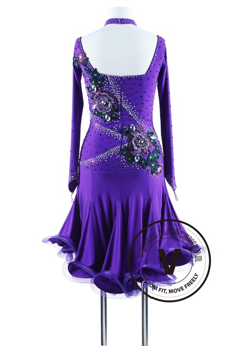 Purple Rain with Green Appliques Salsa Latin Rhythm Competition Dress