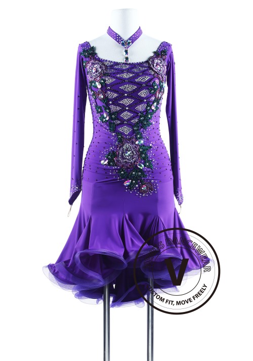 Purple Rain with Green Appliques Salsa Latin Rhythm Competition Dress