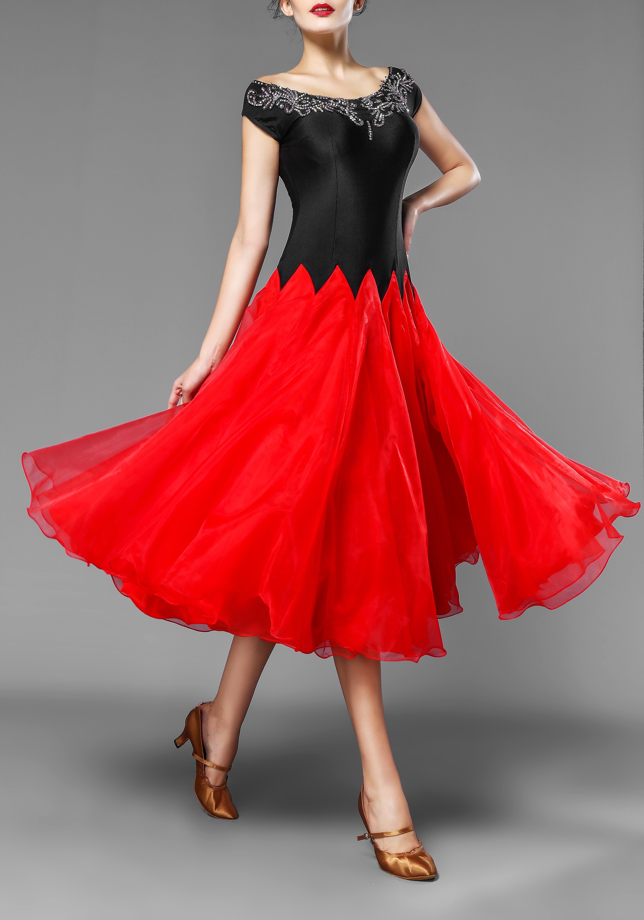 black top red skirt dress