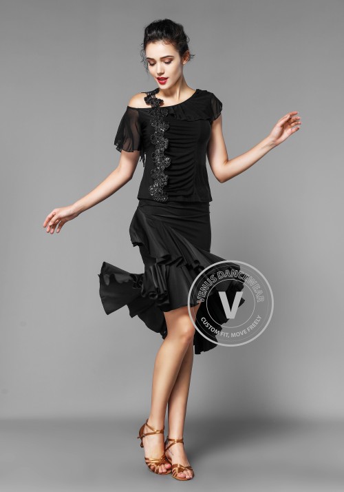 Black Pleated Ruffle Latin Rhythm Skirt