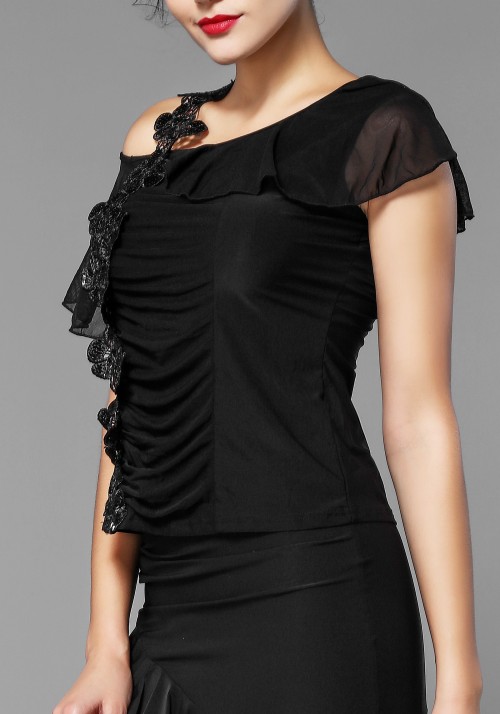 Black Applique Bare-Shouldered Dance Top