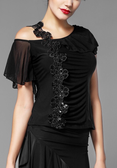 Black Applique Bare-Shouldered Dance Top