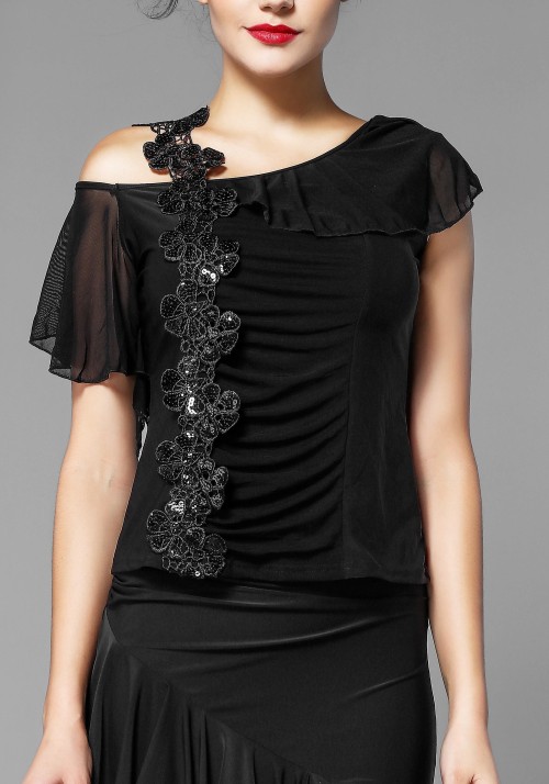 Black Applique Bare-Shouldered Dance Top