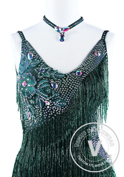 Green Hand-Sewing Beading Fringe Ryhthm Salsa Latin Dance Competition Dress