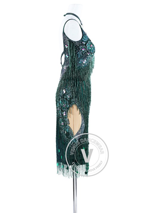 Green Hand-Sewing Beading Fringe Ryhthm Salsa Latin Dance Competition Dress