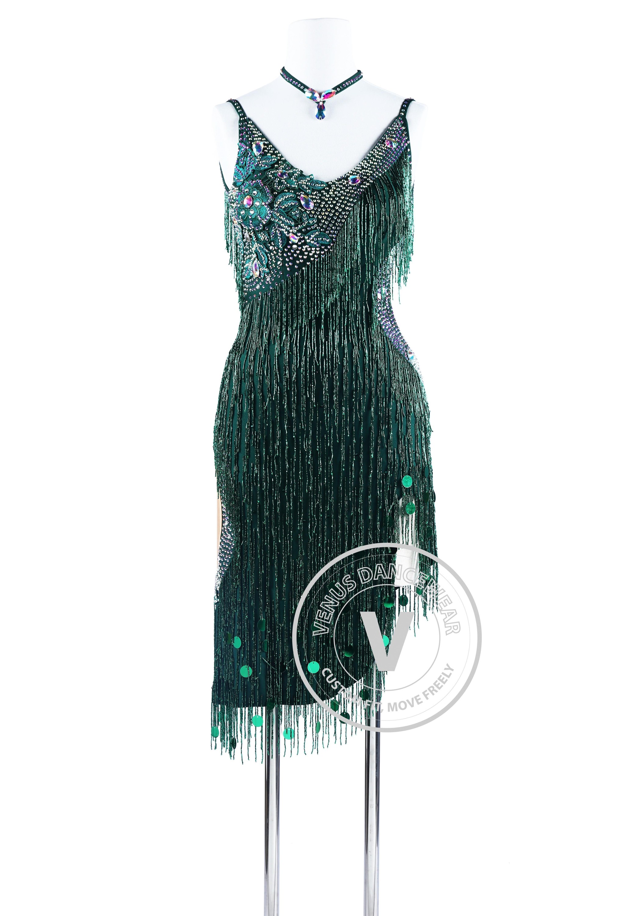 Green Hand-Sewing Beading Fringe Ryhthm Salsa Latin Dance Competition Dress