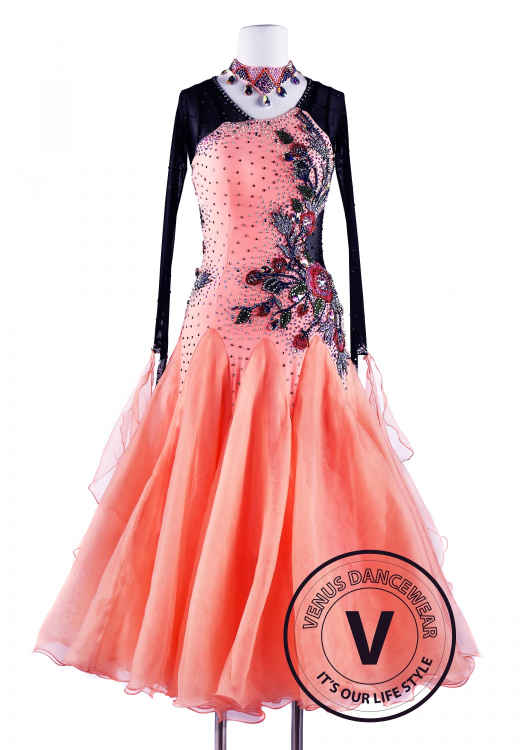 Fusion Coral Smooth Waltz Tango Ballroom Competition Dress