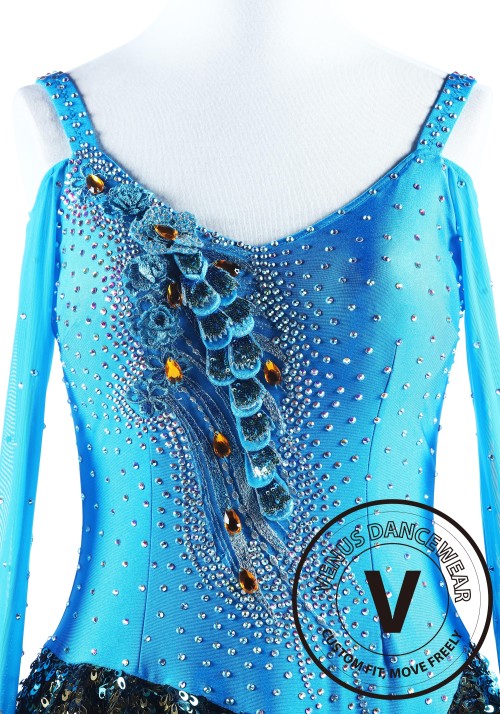 Blue Peacock Latin Rhythm Chacha Dance Competition Dress