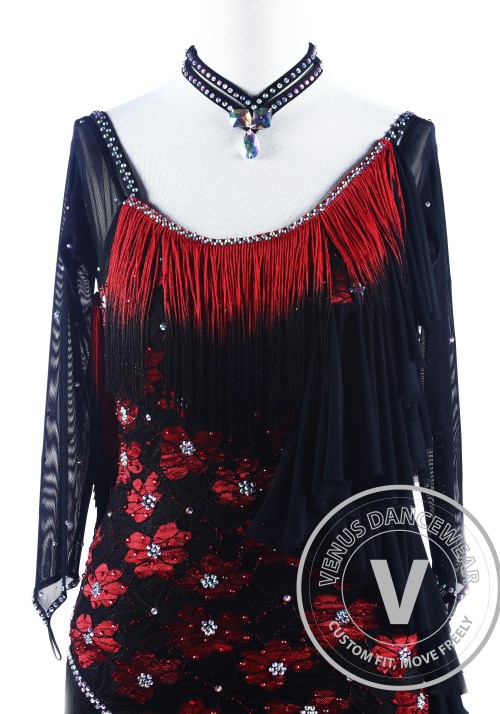 Red Shading Black Fringe Lace Rhythm Salsa Dance Latin Competition Dress