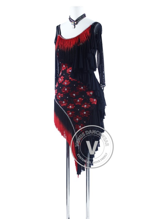 Red Shading Black Fringe Lace Rhythm Salsa Dance Latin Competition Dress