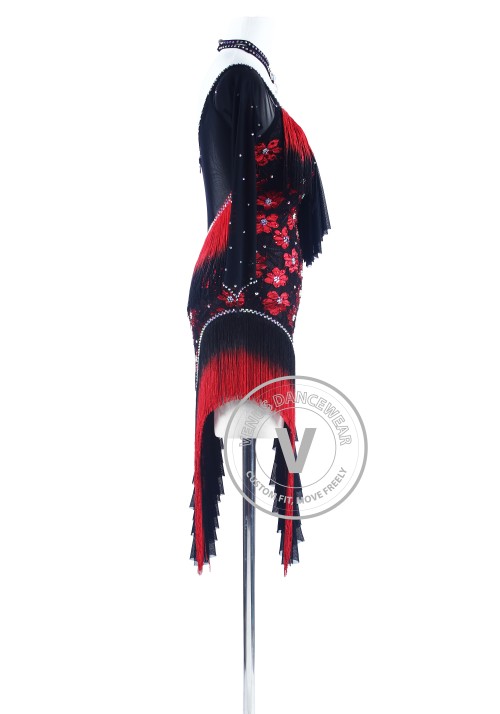 Red Shading Black Fringe Lace Rhythm Salsa Dance Latin Competition Dress