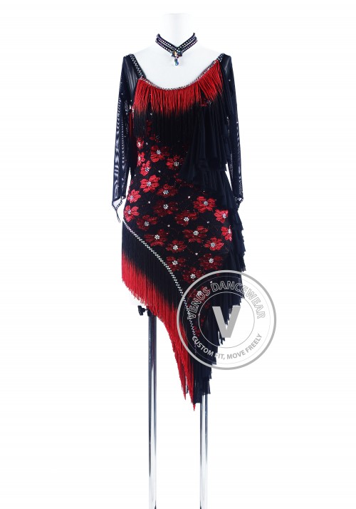 Red Shading Black Fringe Lace Rhythm Salsa Dance Latin Competition Dress