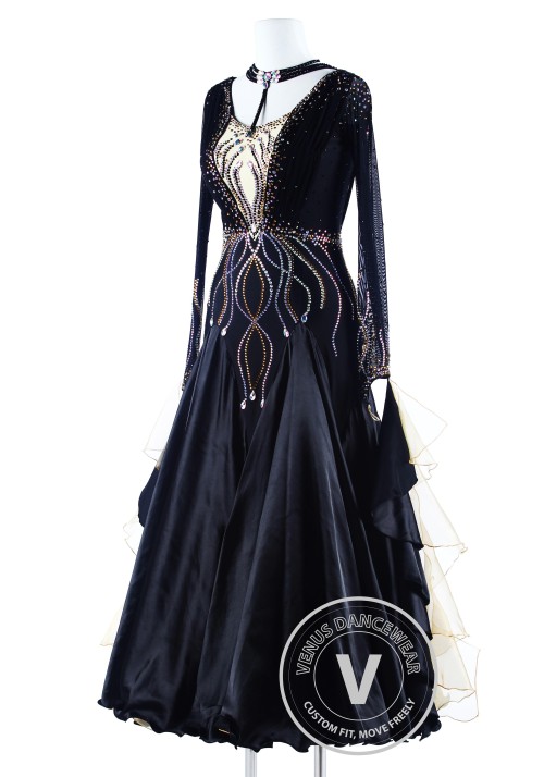 Black Golden Wave Luxury Foxtrot Waltz Quickstep Competition Dress