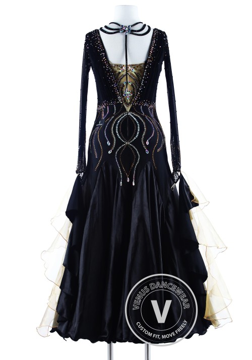 Black Golden Wave Luxury Foxtrot Waltz Quickstep Competition Dress