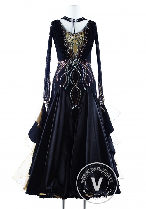 Black Golden Wave Luxury Foxtrot Waltz Quickstep Competition Dress