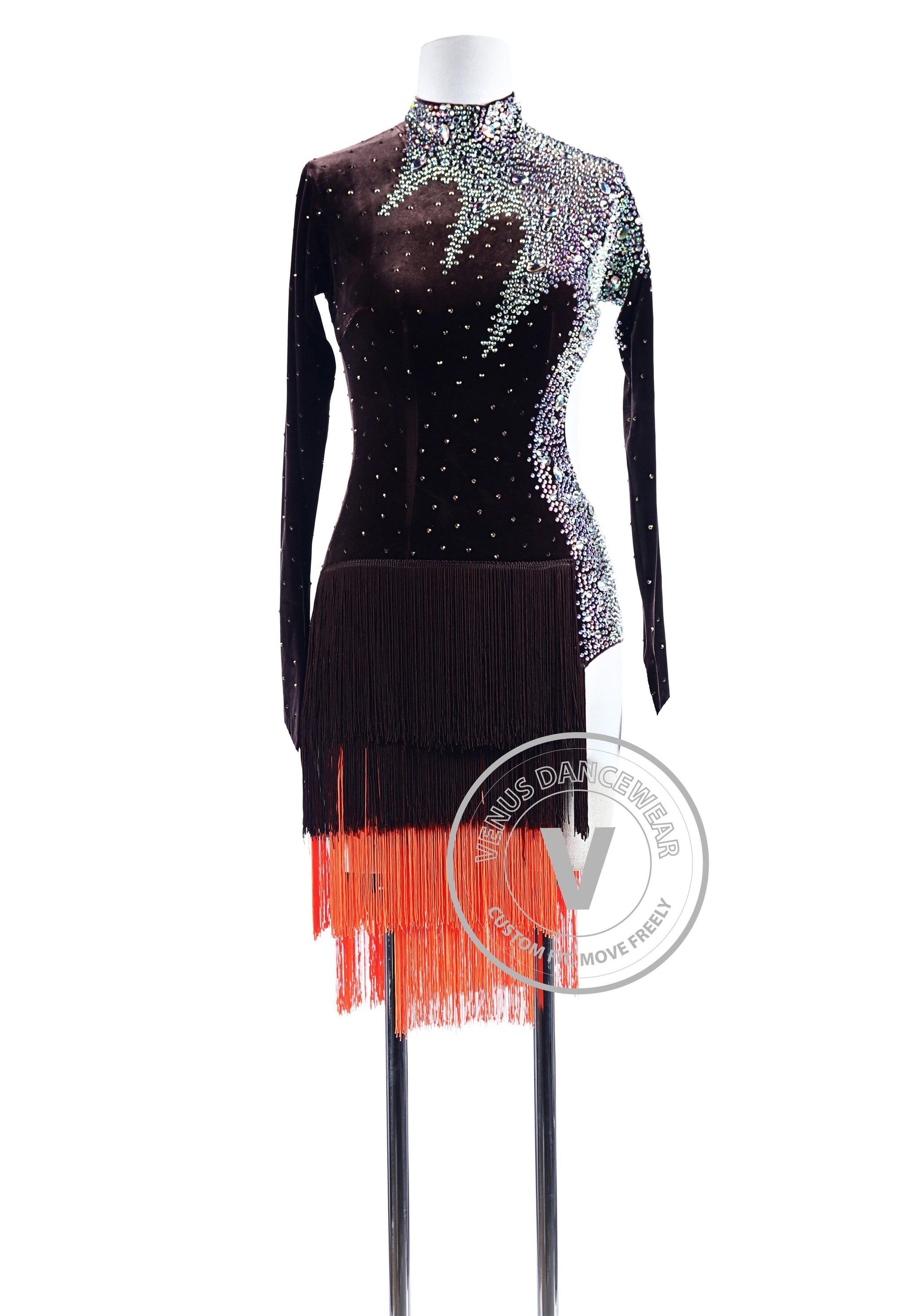 Chocolate Velvet Fringe Luxury Latin Competition Dress