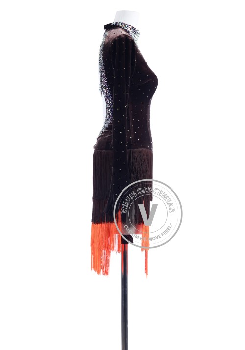 Chocolate Velvet Fringe Luxury Latin Competition Dress