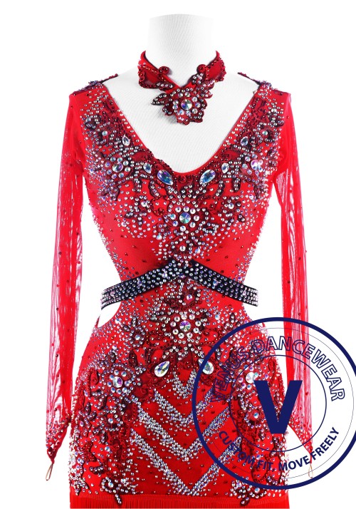 Red Trimstyle Fringe Latin Competition Dance Dress