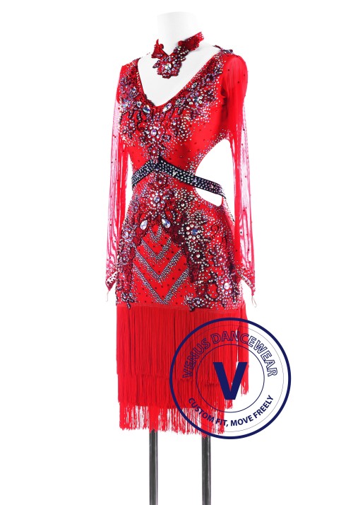 Red Trimstyle Fringe Latin Competition Dance Dress