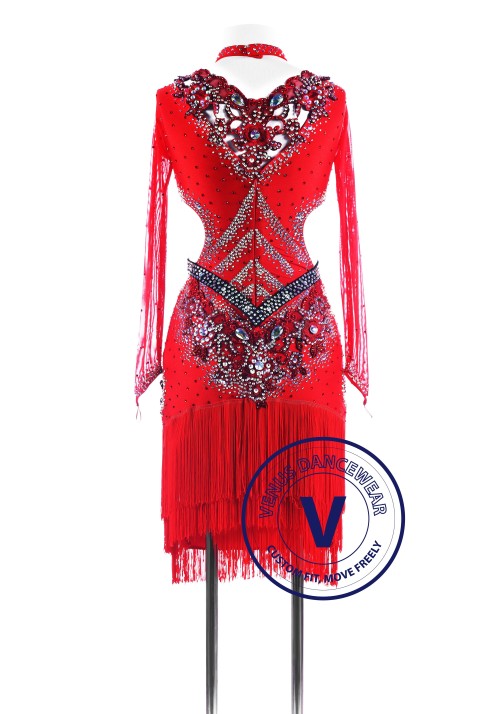 Red Trimstyle Fringe Latin Competition Dance Dress