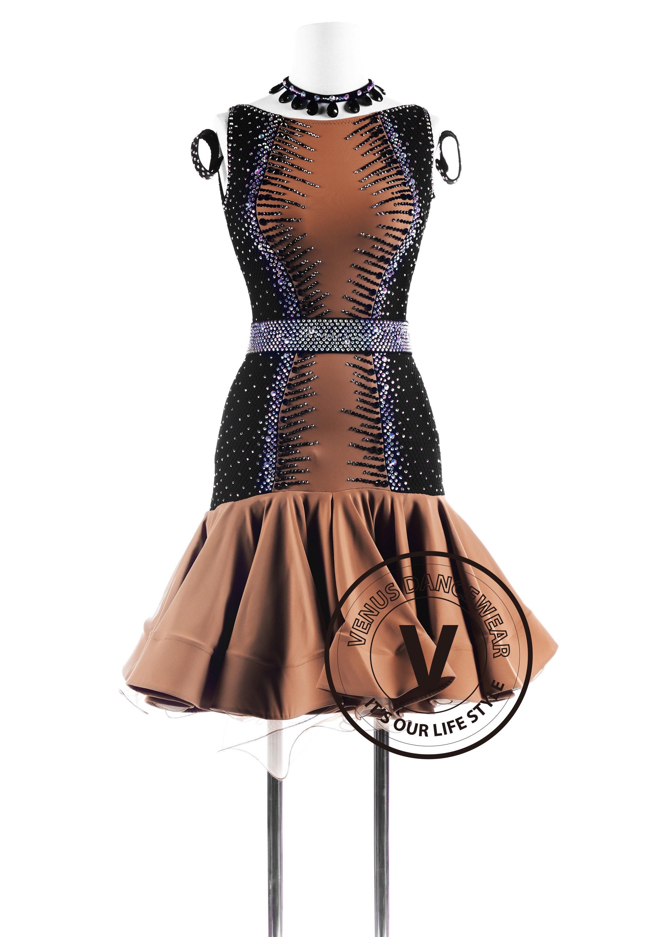 Caramel Black Fishnet Latin Competition Dance Dress