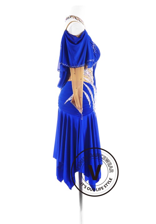 Royal Blue Sleeves Luxury Latin Competition Dance Dress