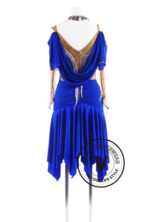 Royal Blue Sleeves Luxury Latin Competition Dance Dress