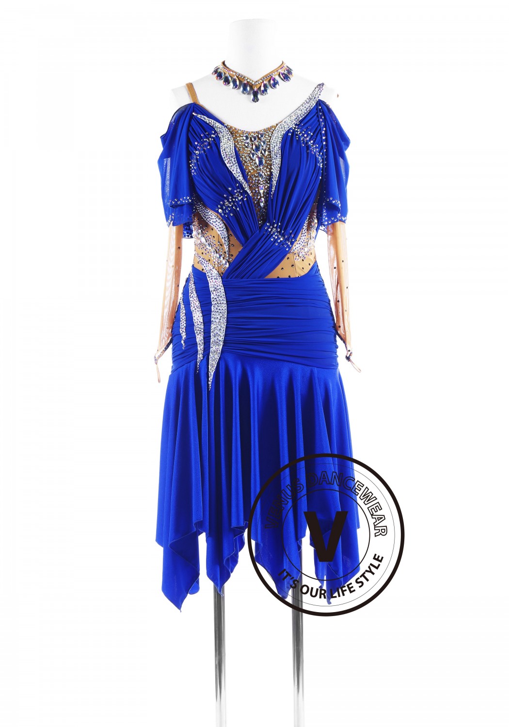 Royal Blue Sleeves Luxury Latin Competition Dance Dress