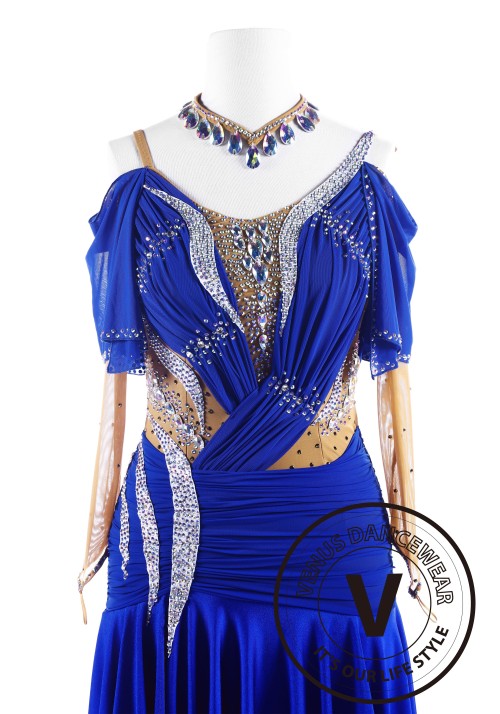 Royal Blue Sleeves Luxury Latin Competition Dance Dress